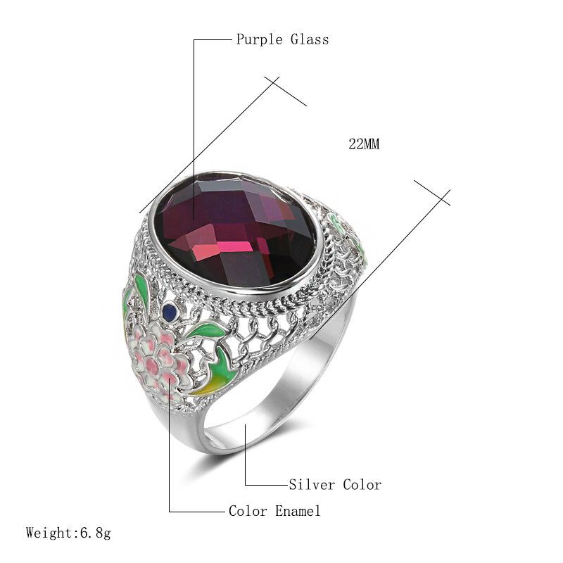 Vintage Geometrijski Ovalni Ljubičasti Kristalni Prsten Metalni Šuplji S Cvjetnim Dragim Kamenjem