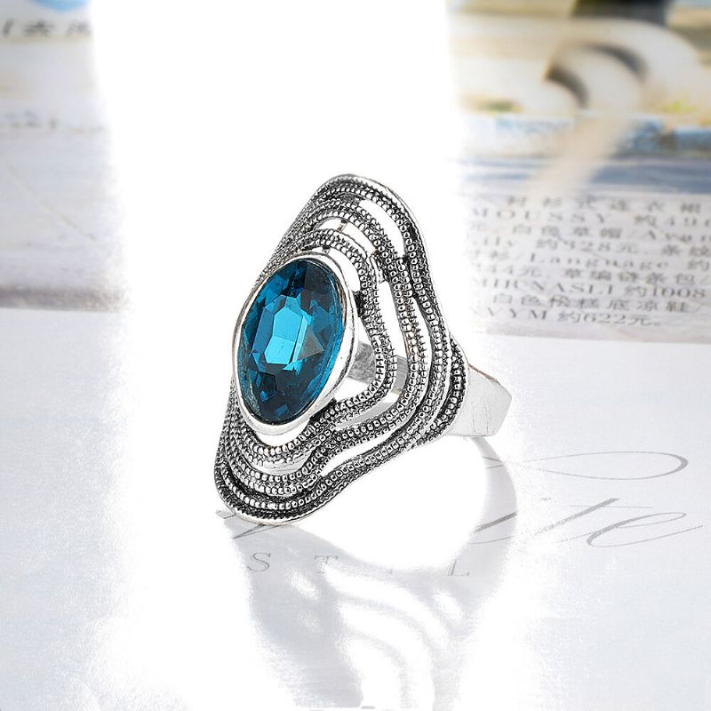 Vintage Metalni Prsten S Resicama Šuplji Dragi Kamen Geometrijski Ovalni Od Plavog Stakla
