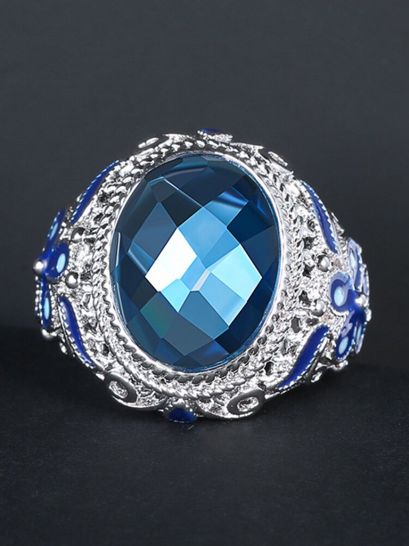 Vintage Prsten Od Plavog Stakla I Kamena Metalni Šuplji Izrezbareni Emajlirani Za Prst