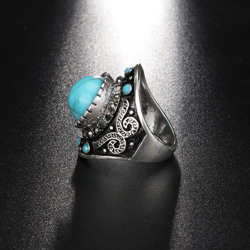 Vintage Prsten S Plavim Tirkiznim Kristalima Geometrijski Antikni Srebrni Prstenovi Etnički Nakit Za Muškarce
