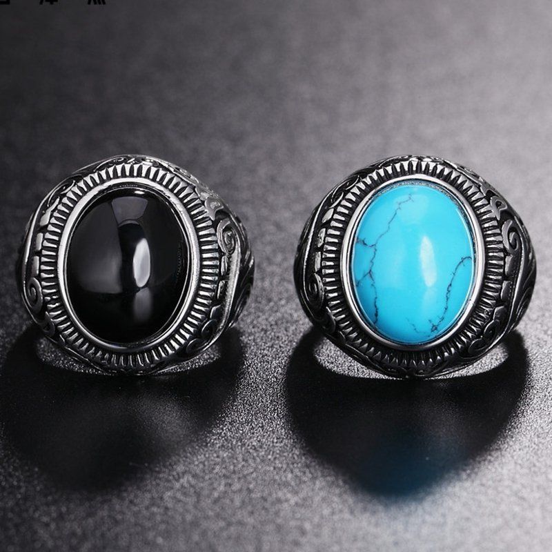 Vintage Uzorak Plavo Crno Tirkizno Prstenje Za Prste Muški Prsten Od Titanijskog Čelika S Dragim Kamenjem